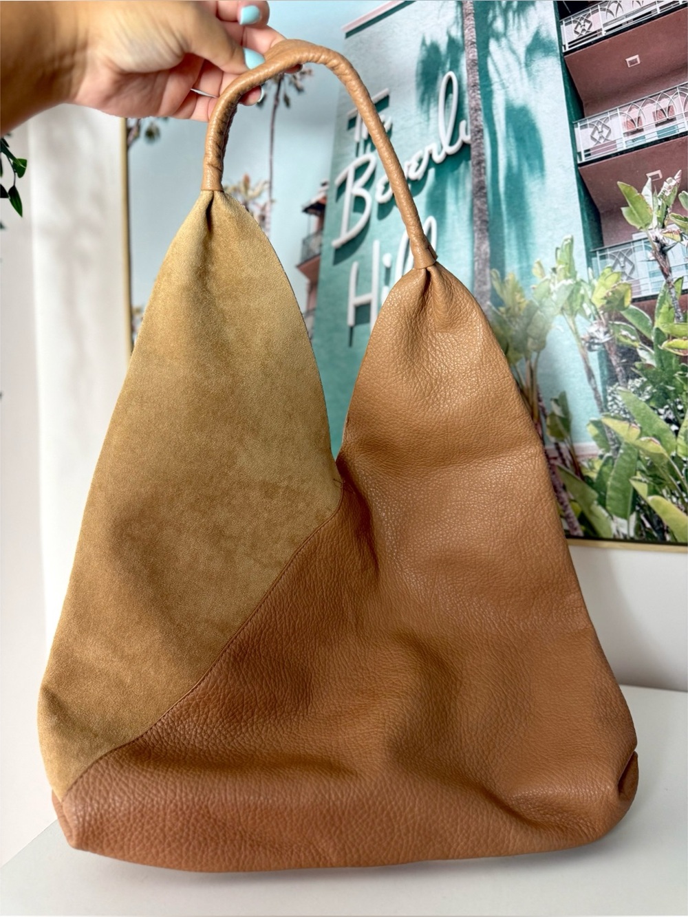 Shiraleah Arden Tan Slouchy Hobo Tote Bag Mixed Media Faux Leather Faux Suede